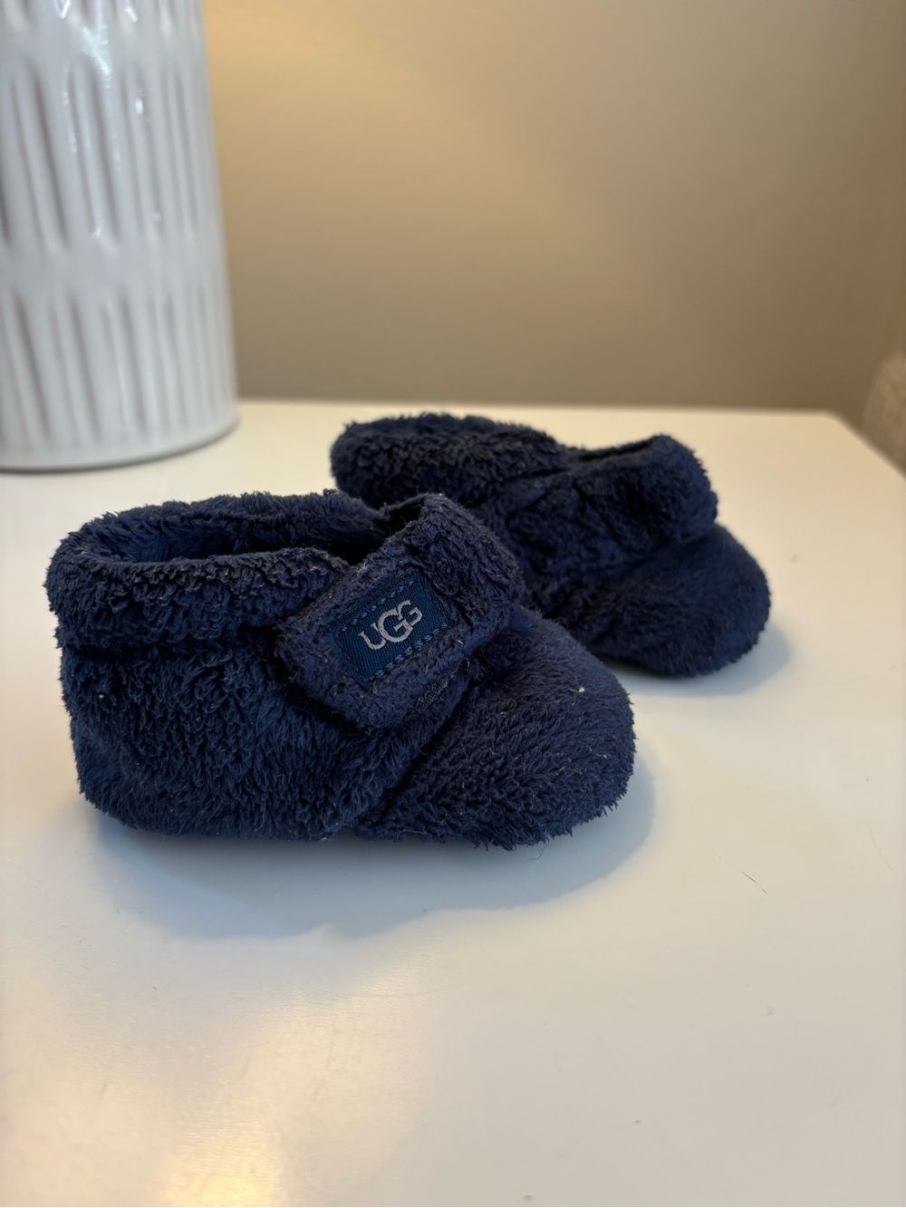 UGG Navy Plush Baby Booties with Hook-and-Loop Strap